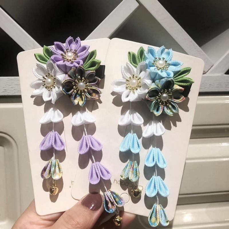 Handmade Flower Hair Clip Ancient Style Cloth Material Japanese Kimono Headwear Flower Design Sweet Tassel