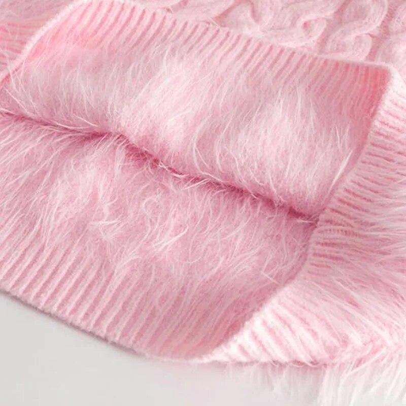 Pink Tassel Women's Sweater Short Sweet Knit Fried Dough Twist Pullover Loose Pull Jumper Thicken Keep Warm Long Sleeve Top Autumn Winter
