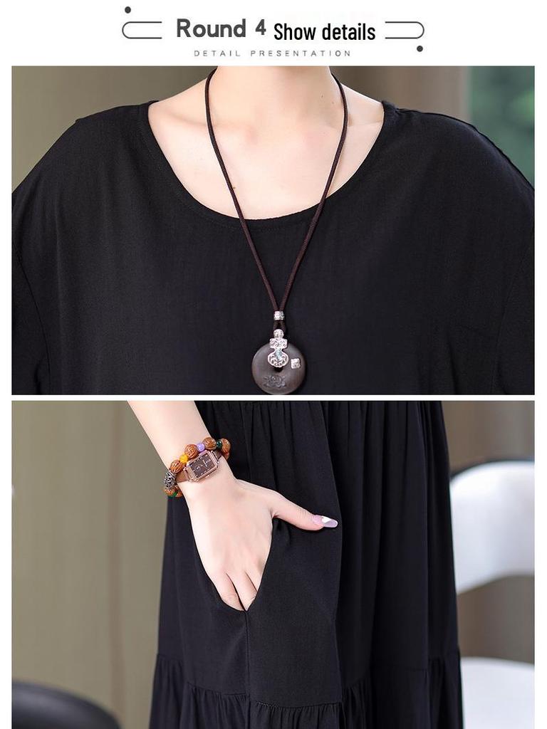 Rochie de vară pentru femei 2022, din bumbac și in uni - Slimming, acoperă burta, rochie lungă plus size