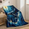 A golden-accented whale swimming in swirling blue waves under a gold sun. for all seasons blanket lunch break throw gift