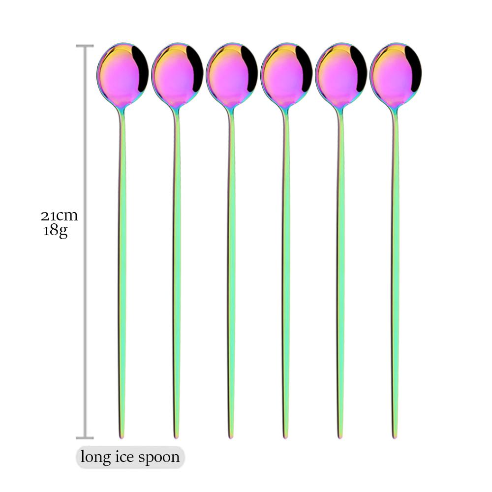 6Pcs Multicolor Cutlery Set Fork Knife Spoon Flatware Stainless Steel Dinnerware Set Long Ice Spoon Kitchen Tableware Set
