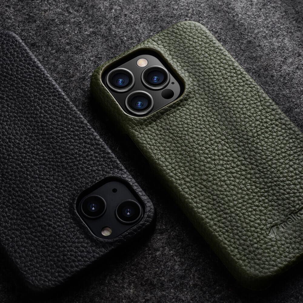 MELKCO For iPhone 13 Pro Max 6.7 inch Large Cutout Phone Case Genuine Cow Leather+PC Cover