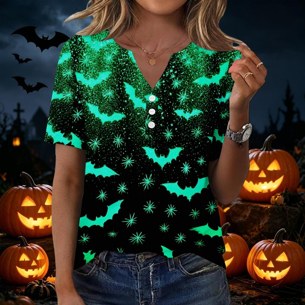 Women Halloween Print Loose Fit V Neck Short Sleeve Shirt with Pocket Casual Top for Everyday Wear