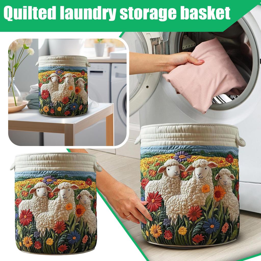 Cesto porta biancheria trapuntato con motivo a pecore e floreale 50x70cm Grande capacità Contenitore organizer pieghevole con manici per uso domestico