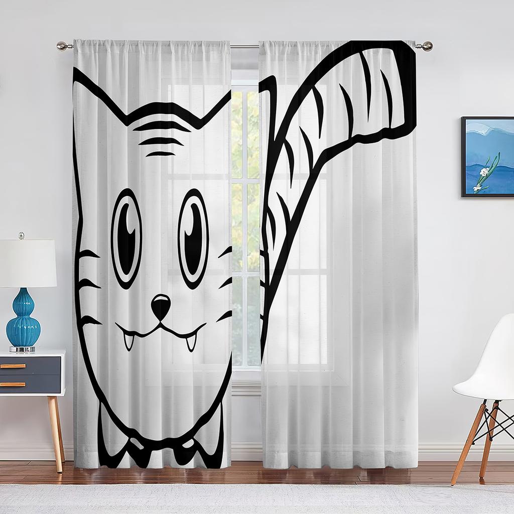 Cartoon Cat Reading Book Pink Sheer Voile Curtain Kawai Animal Window Tulle Curtains for Living Room Kids Bedroom Kitchen Decor