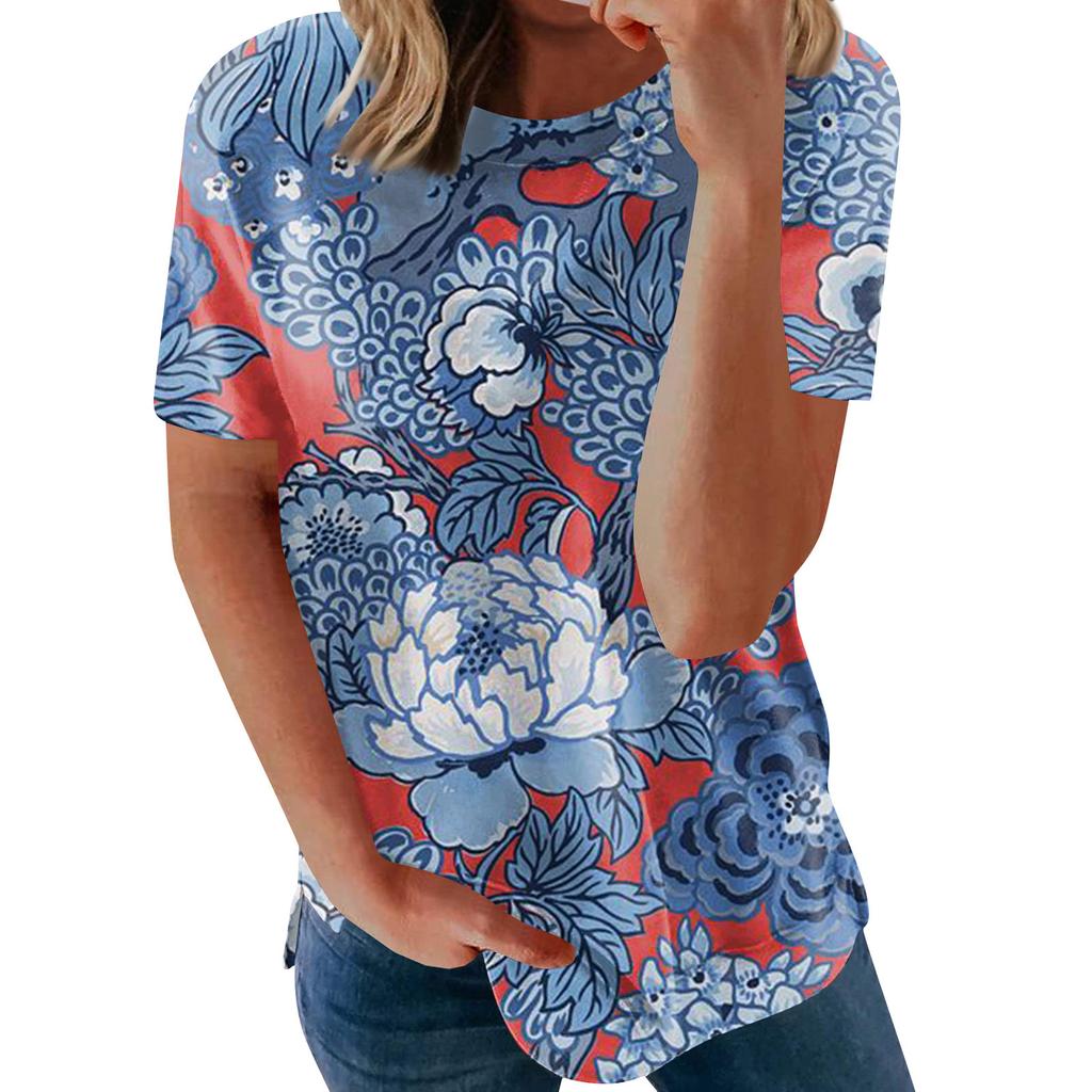 Women's Printed Short Sleeve Round Neck Retro Short Sleeve Summer Loose Tops Tops Women's Summer T-Shirts