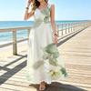 Cream Base Fresh Sage Green Oriental Watercolor Floral Print Sleeveless U-Neck Maxi Dress, Flowy A-Line Beach Resort Tank Long Dress For Women