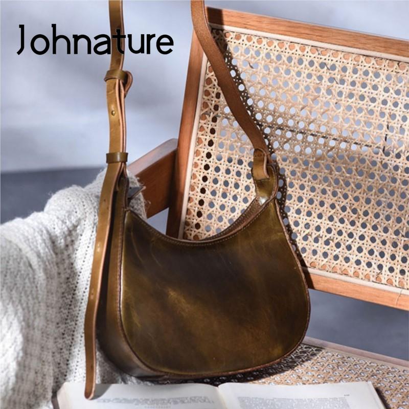 Johnature Vintage ručně vyráběná taška na sedlo z pravé kůže Módní taška do podpaží Univerzální dámské kabelky přes rameno a crossbody