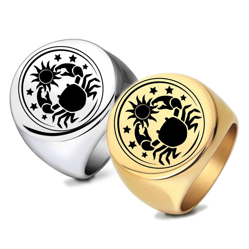 European Retro Round 22MM Laser-Engraved Cancer Crab Sun Star Stainless Steel Ring