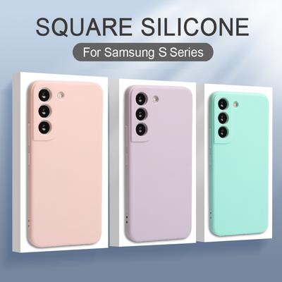 Quadratische Flüssigsilikonhülle für Samsung Galaxy S23 Ultra S22 Plus S21 FE S20 Note 20 10 Schutzhülle aus weichem Stoff für die Telefonrückseite