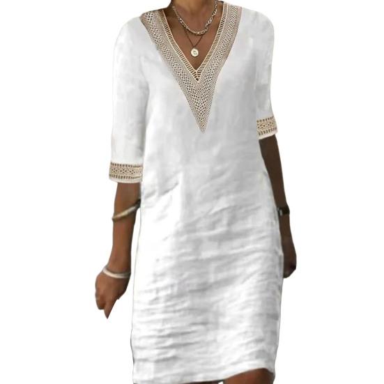 V-neck Half Sleeve Thin Beach Dress Women Elegant Lace Stitching Casual Dress Streetwear