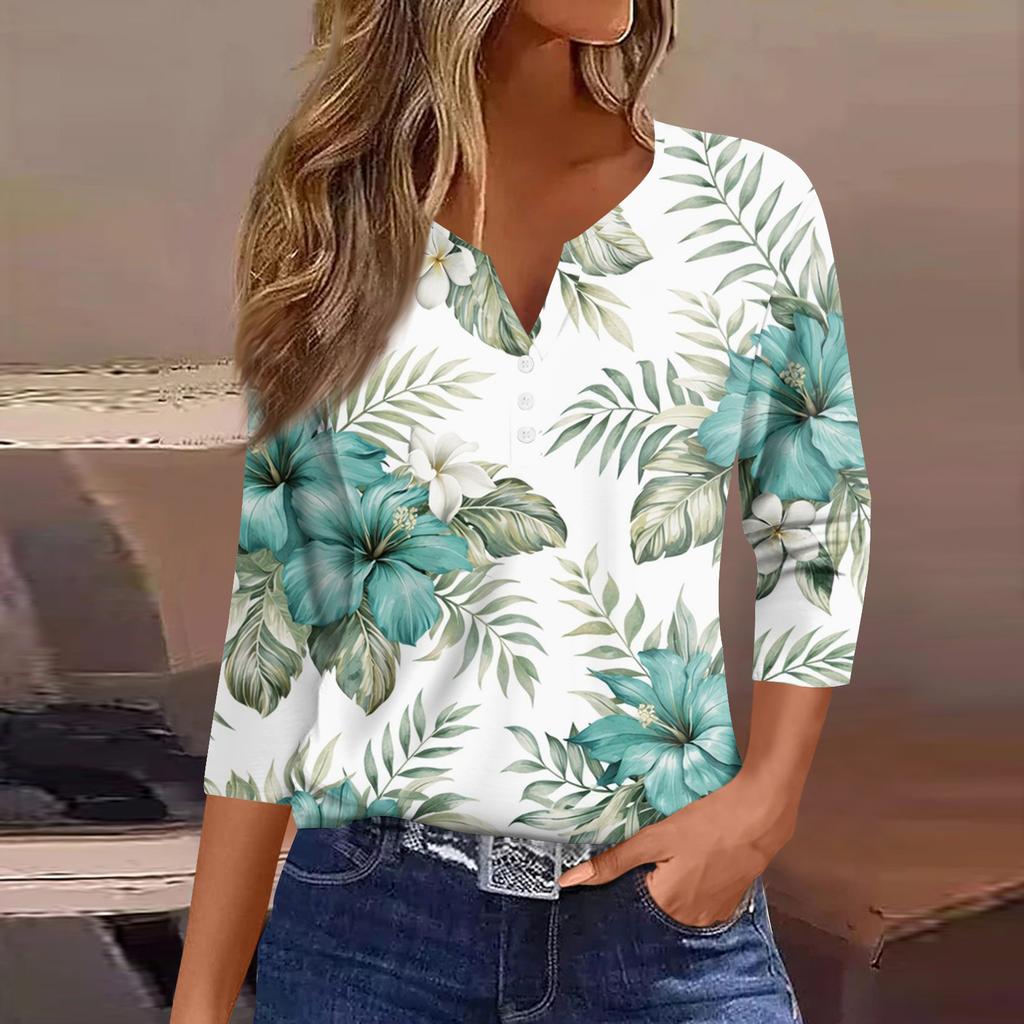 Women's T Shirt Tee Printed Button Short Sleeve Tunic Daily Weekend Fashion Basic V- Neck Regular Top