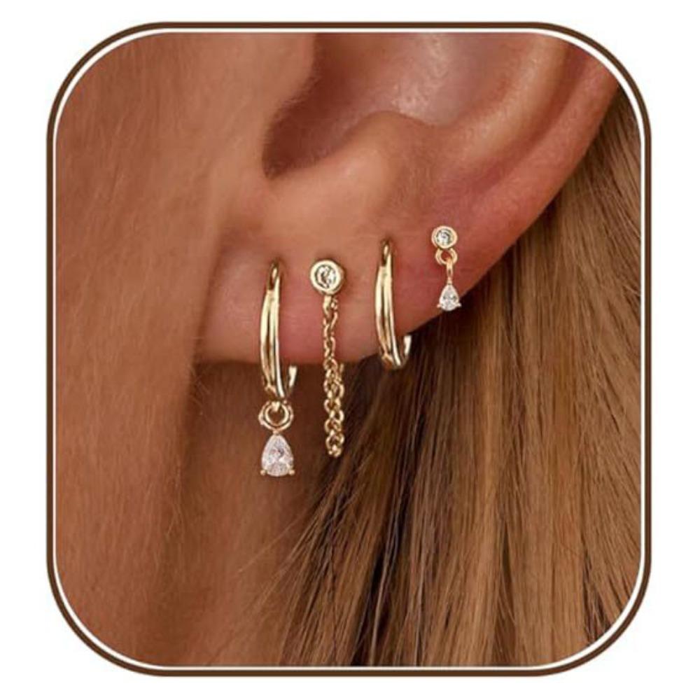4Pcs/Set Chain Huggie Hoop Earrings Geometric Dangle Earring Set Women Accessories