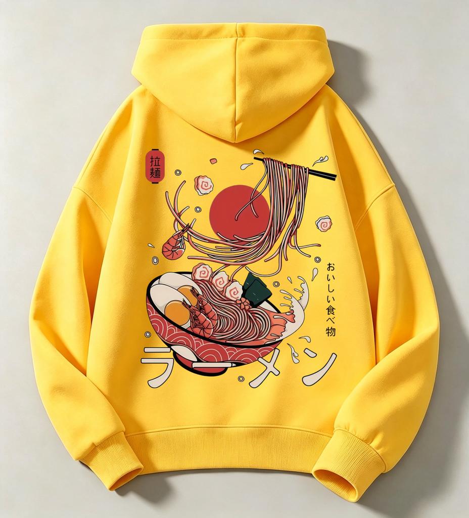 Autumn/Winter Children's Casual Hooded Sweatshirt - Retro Cartoon Japanese Ramen Bowl Print Long Sleeve Pullover Shirt