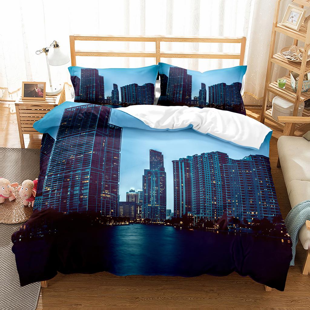 Cityscapes King Queen Duvet Cover Tall Buildings Landscape Bedding Set Busy Traffic View Quilt Cover Polyester Comforter Cover