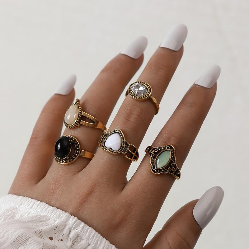 Rings, Vintage Fashion Opal Black Diamond Combination Set 5-Piece Ring Set