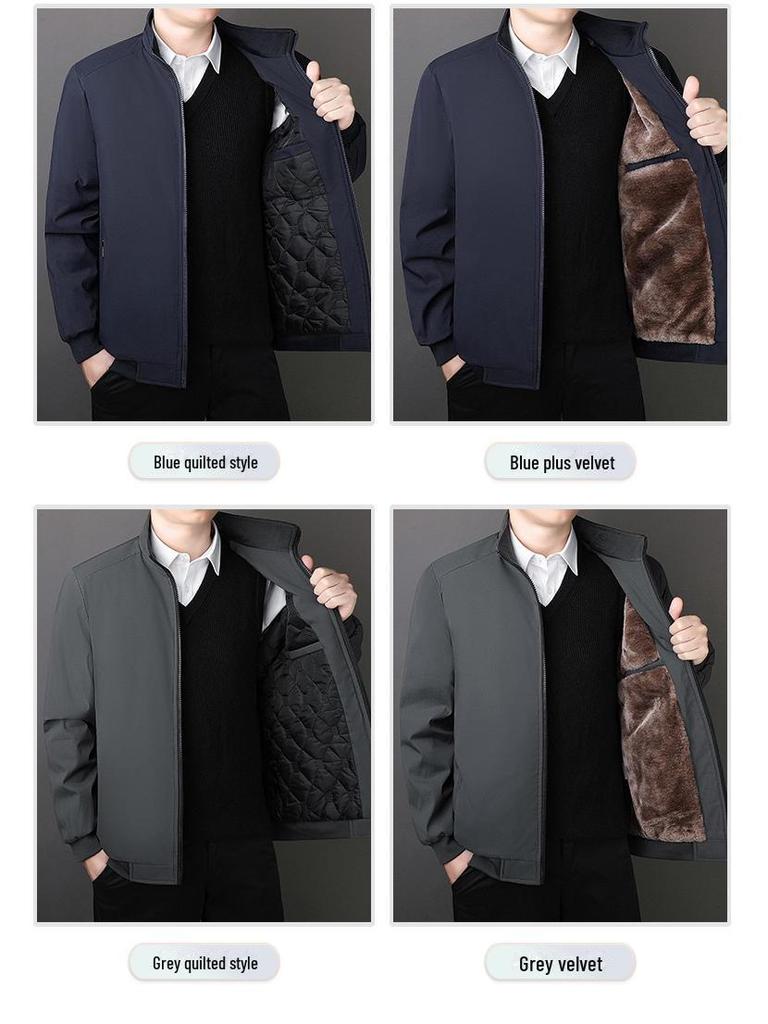 Men's Executive Stand-Up Collar High-End Coat - Autumn/Winter, Casual Loose Fit, Plus Velvet, Middle-Aged Style
