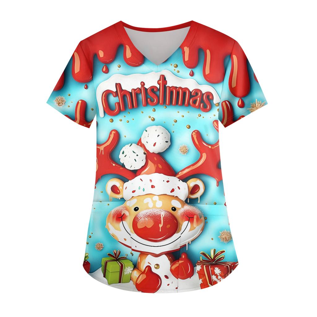 Ladies' Christmas Printed Fashionable V-neck Pocket Short Sleeved  Uniform And Caregiver Top