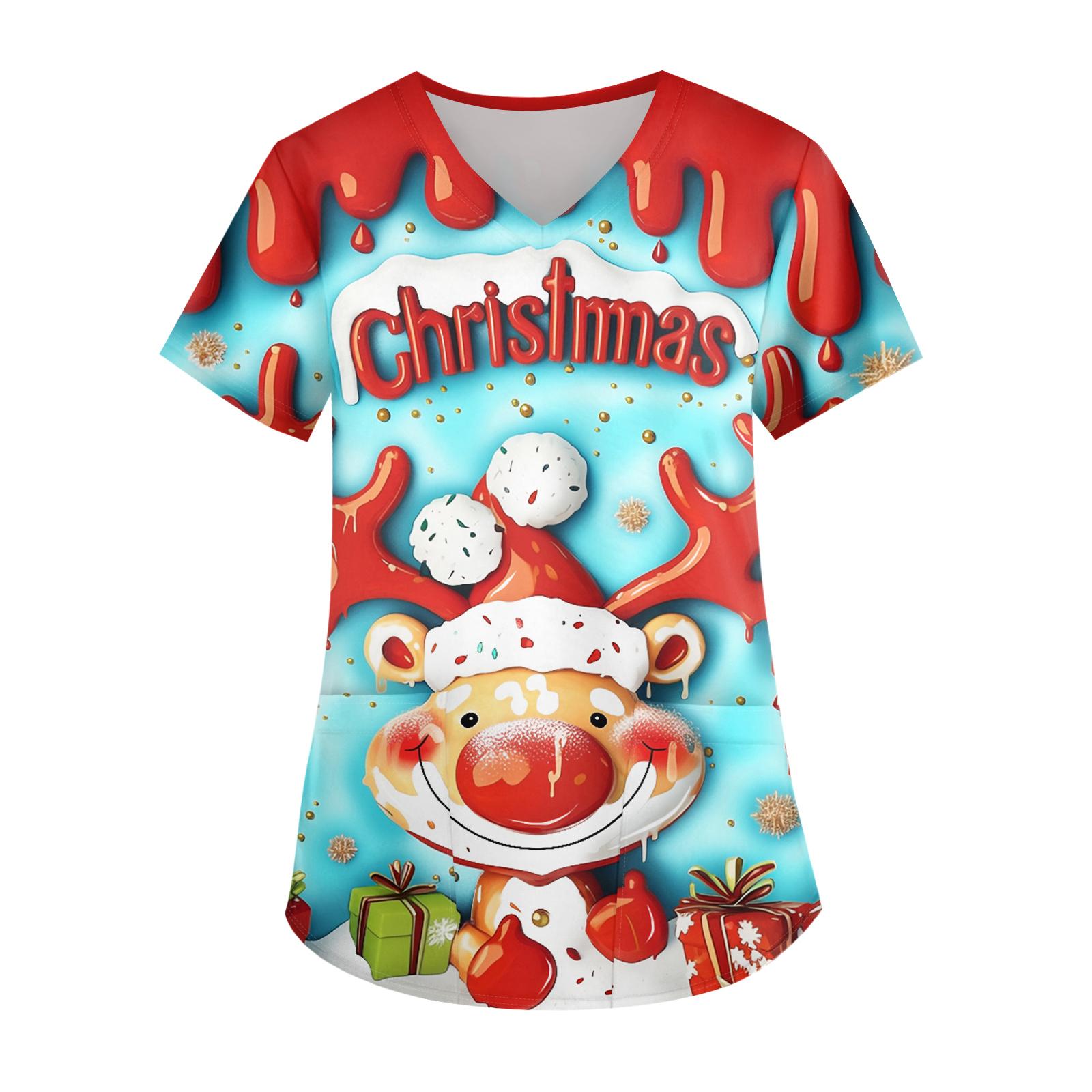 

Ladies Christmas Printed Fashionable V-neck Pocket Short Sleeved Uniform And Caregiver Top XXXXL