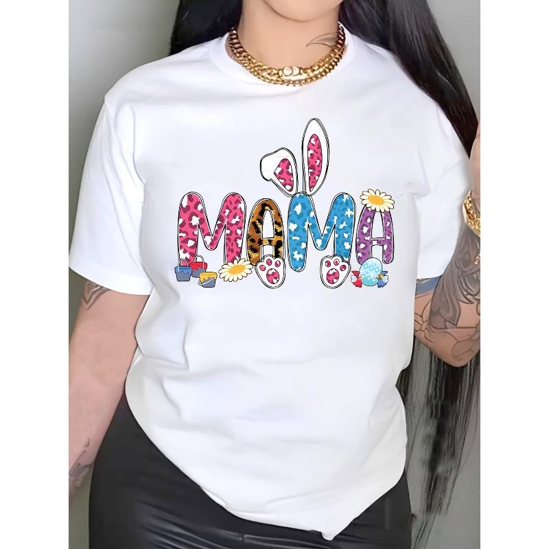 

European size Easter MAMA Cartoon Print T-shirt, Bunny Egg Casual Short Sleeve Crew Neck Tee For Spring And Summer Outdoor S белый