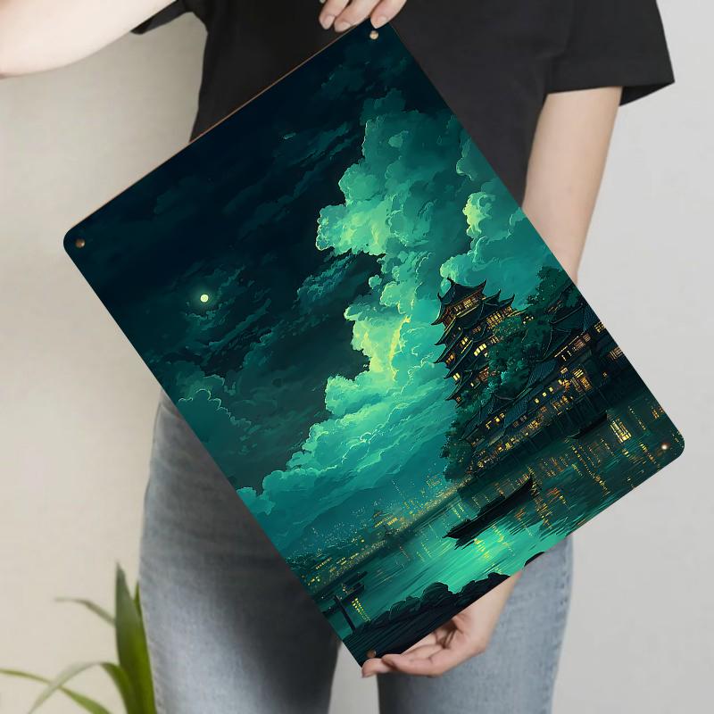 Ancient Chinese Pavilion Night Scene Metal Wall Art Decorative Painting for Living Room Bedroom