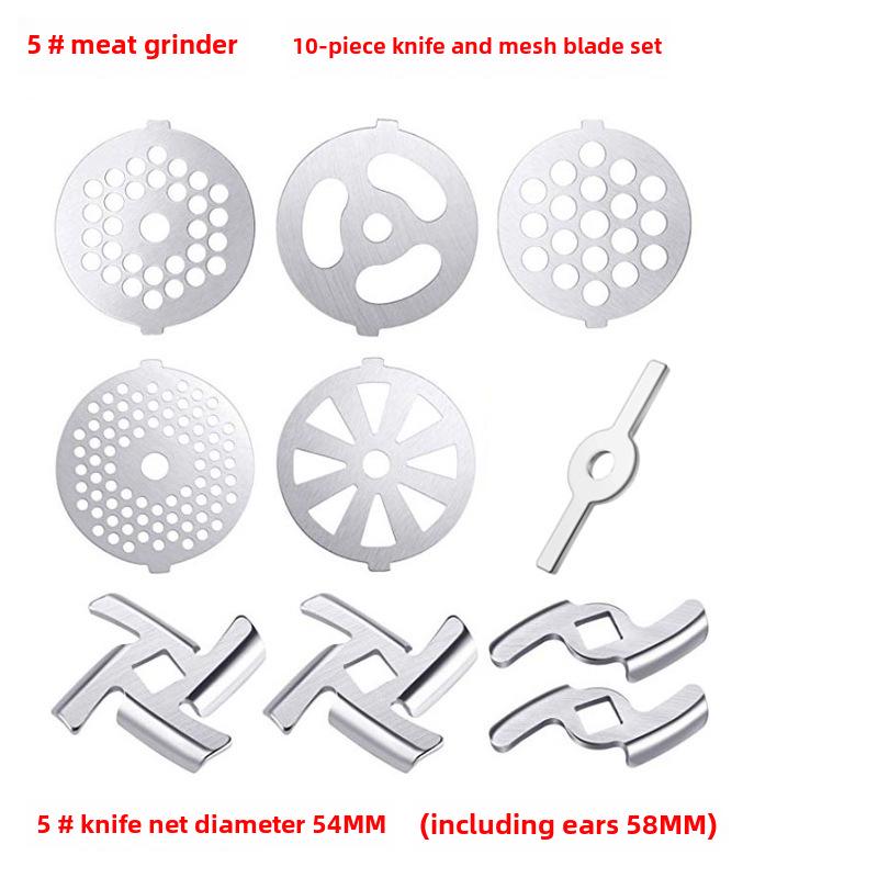 Stainless Steel Meat Grinder Accessories: Knife, Blade, Hole Plate, Sausage Stuffer, and Grinder Rod.