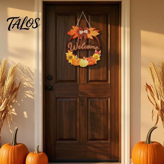 Country Style Porch Sign Autumn Harvest Wooden Wreath Pendant, Front Door Hanging Ornaments with Hemp Rope, Natural Wood Hello Plaque Pumpkins