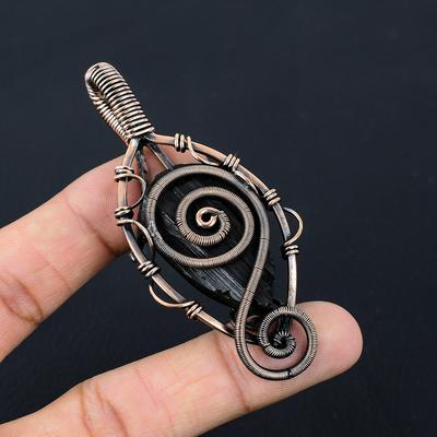 Fancy Black Tourmaline Gemstone Pure Copper Wire Wrapped Handmade Pendant Jewelry