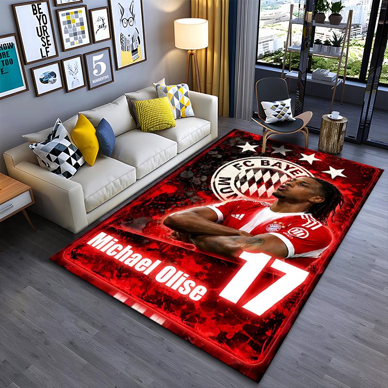 Soccer Star Area Rug, Michael Olise Bayern Munich 17 Red Stars Grunge Crest Print, Football Fan Bedroom Decor, Non-Slip Mat