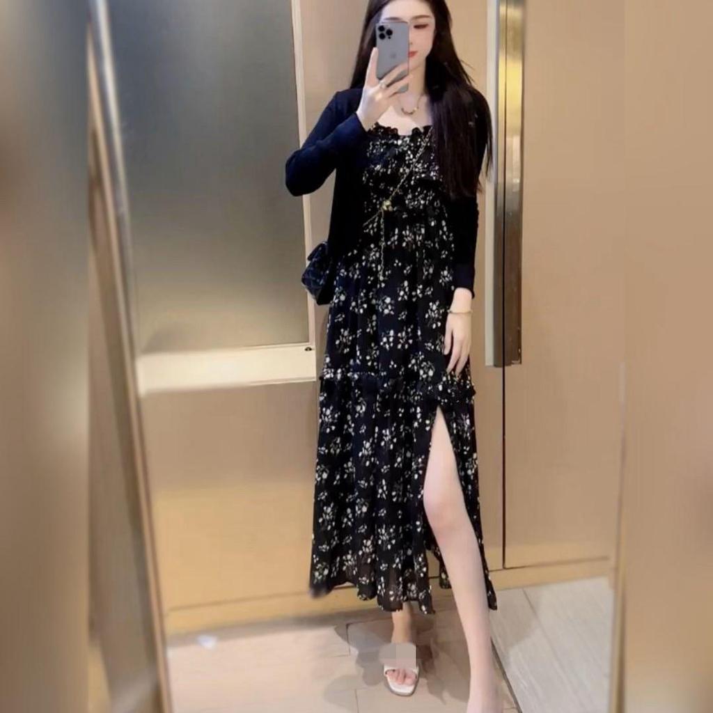 Trendy Women's Summer Cardigan Set: Slimming Sun Protection, Floral Camisole Dress & Slit Long Skirt