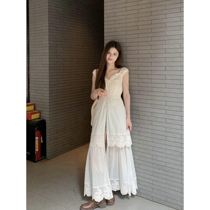 Kumikumi Sweet Style Lace Stitching Embroidery V-neck Dress Women Summer Temperament Waist Hugging Slimming Long Skirt