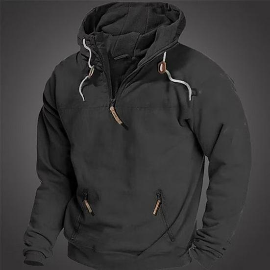 Heren Herfst Winter Hoodie met Zak Koord Halve Rits Capuchon Vintage Stijl Lange Mouwen Effen Kleur Middellang Losse Casual Dagelijkse Top
