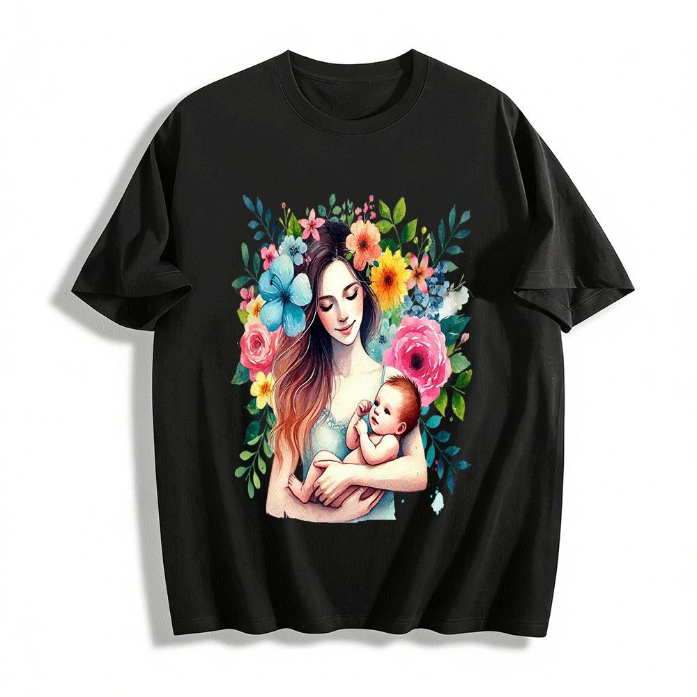 Floral Print Mom Holding Baby Casual Ladies Top Pure cotton T-shirt XXS