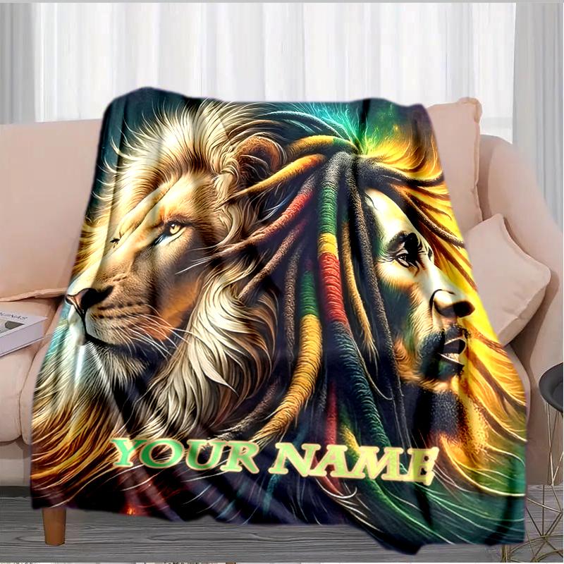 1PC Custom Name Lion Rasta Spirit flannel blanket versatile,all-season throw suitable for the living room,bedroom,camping,travel,and gift