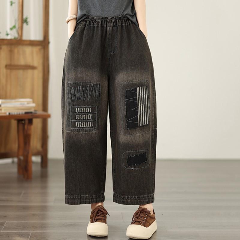 Plus size Vintage broderi hög midja vardaglig lös Dam vår sommar höst jeans denim vida ben Byxor