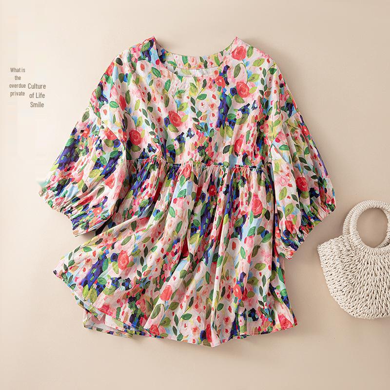 

Women s 2026 Summer Floral Cotton Top with Round Neck and Lantern Puff Sleeves Extra Large червоний
