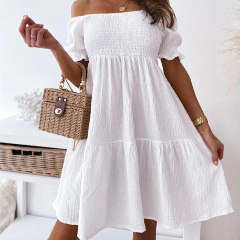 Spring Summer Women's Casual Off-Shoulder Dress with Ruching, Bubble Sleeves, Midi-Length, Stretchy, Elegant Ruffles
