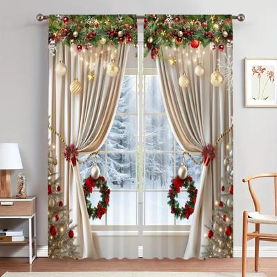 2pcs Luxurious Christmas Curtains With Golden 3D Digital Design Light-Filtering Window Curtain for Living Room, Bedroom, Office,