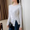 Crew Neck Bottoming Shirt Women's 2025 New Women's Clothing Design Pleated Waist Long-sleeved T-shirt Chic Inner Top