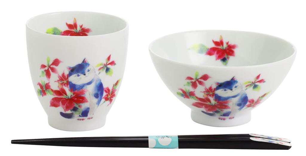 Ceramic Ai Hidamari Cat Rice Bowl and Teacup with Poinsettia and Tenpo 23202 Chopsticks,