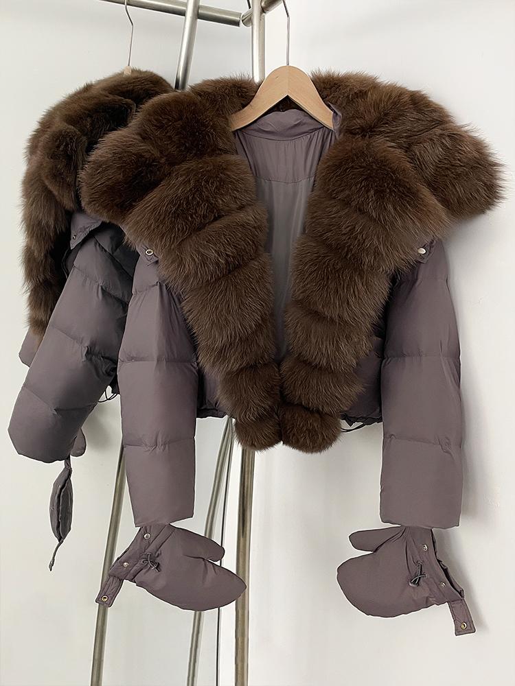 OFTBUY New Winter Top Clothes Women Short Hooded Big Real Fox Fur Down Coat Female Natural Fur Fluffy Puffer Jacket with Gloves
