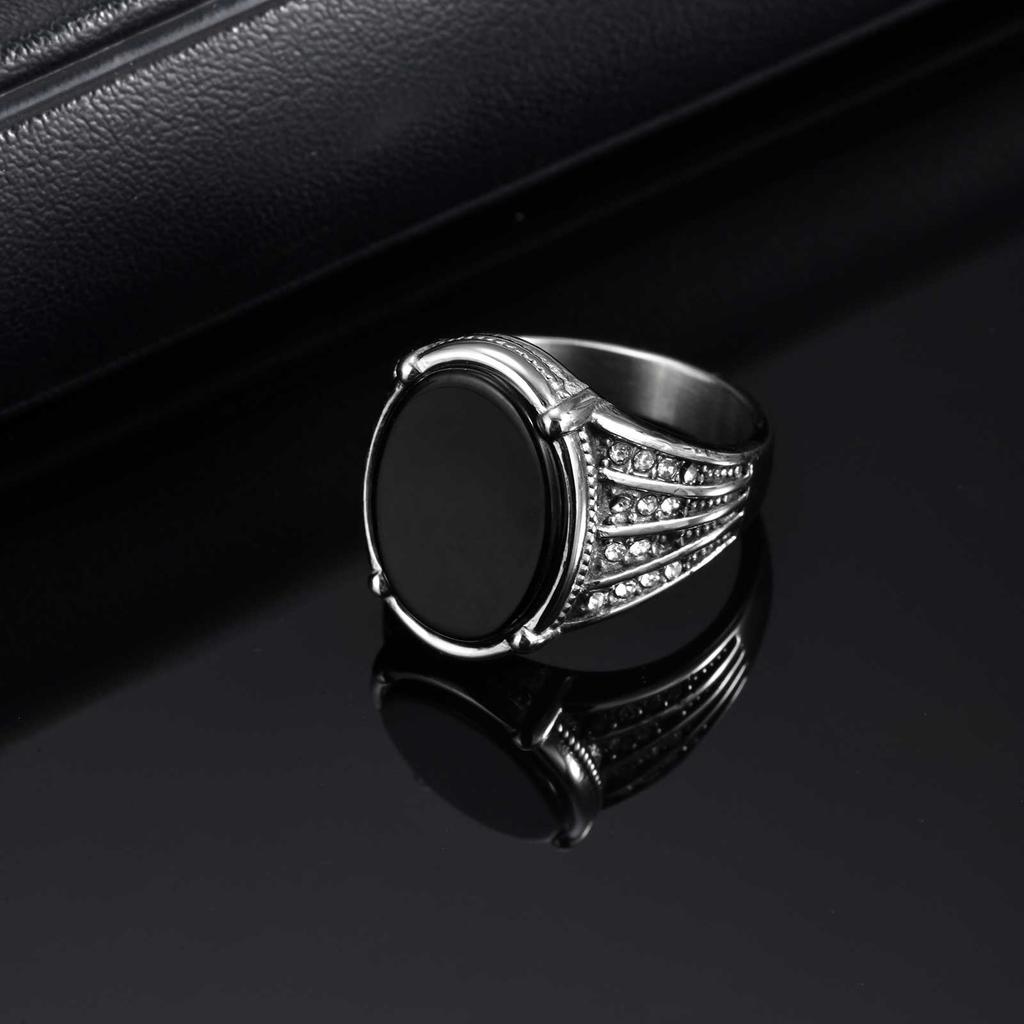 Vintage Geometric Natural Stone Rings for Men Black Oval Onyx Stainless Steel Ring Textured Signet Fashion Punk Jewelry Gift