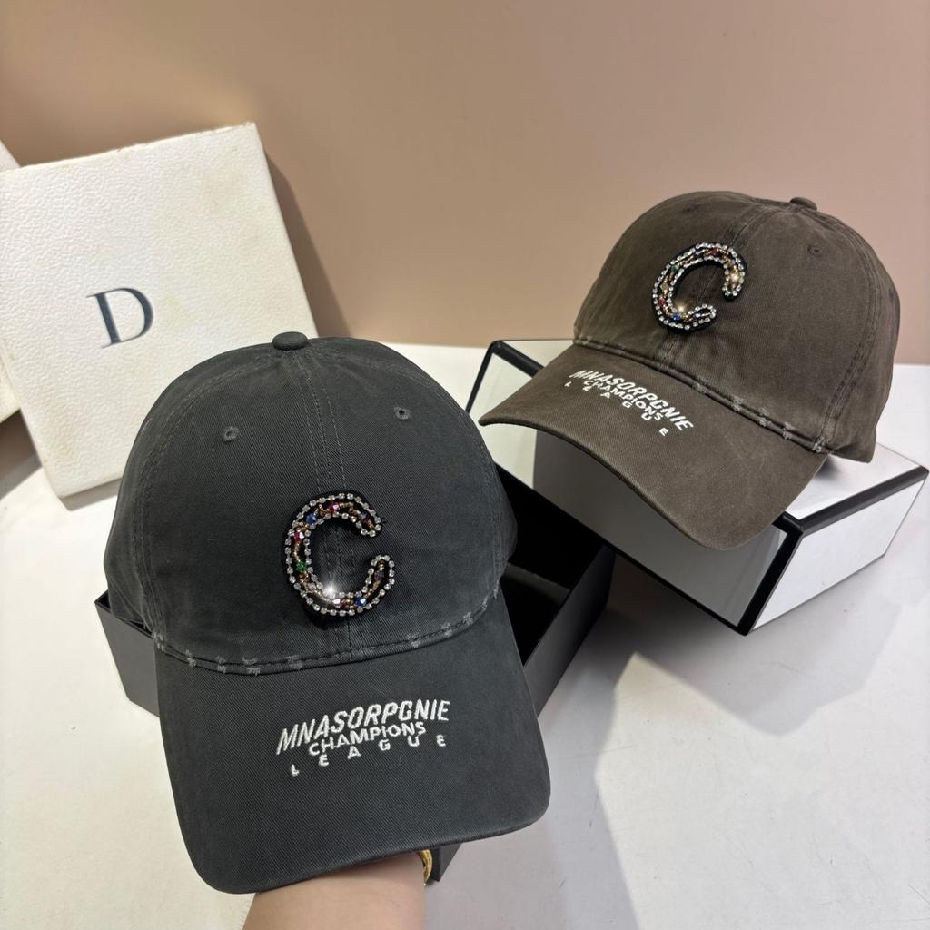 Paris Fashion Heavy Industry Rhinestone Letter C Baseball Cap Plus Casual Personality Washed Ripped Cap