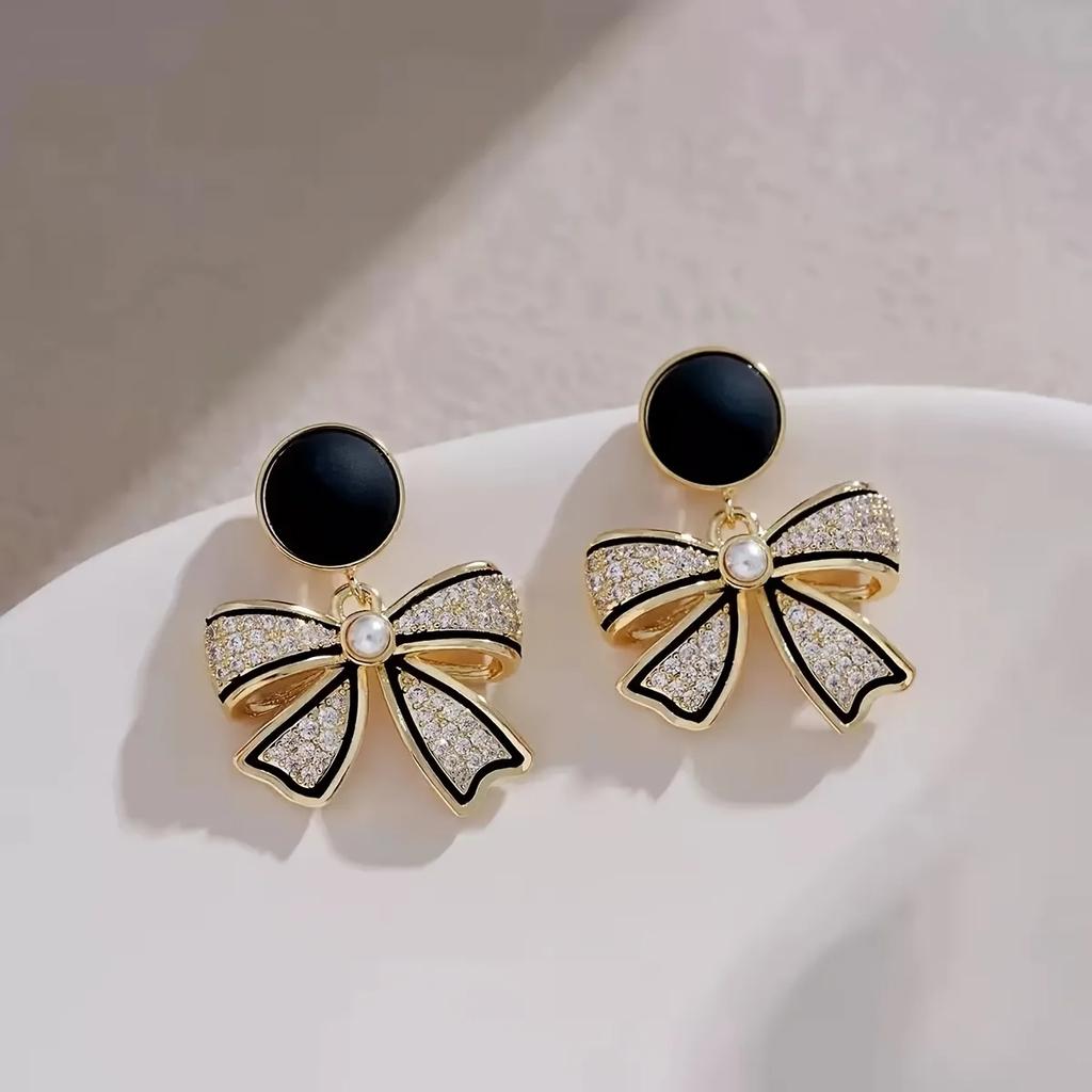 1 Pair Black Rhinestone Bow Tie Earrings, Unique Design Women's Jewelry - Valentine's Day Gift