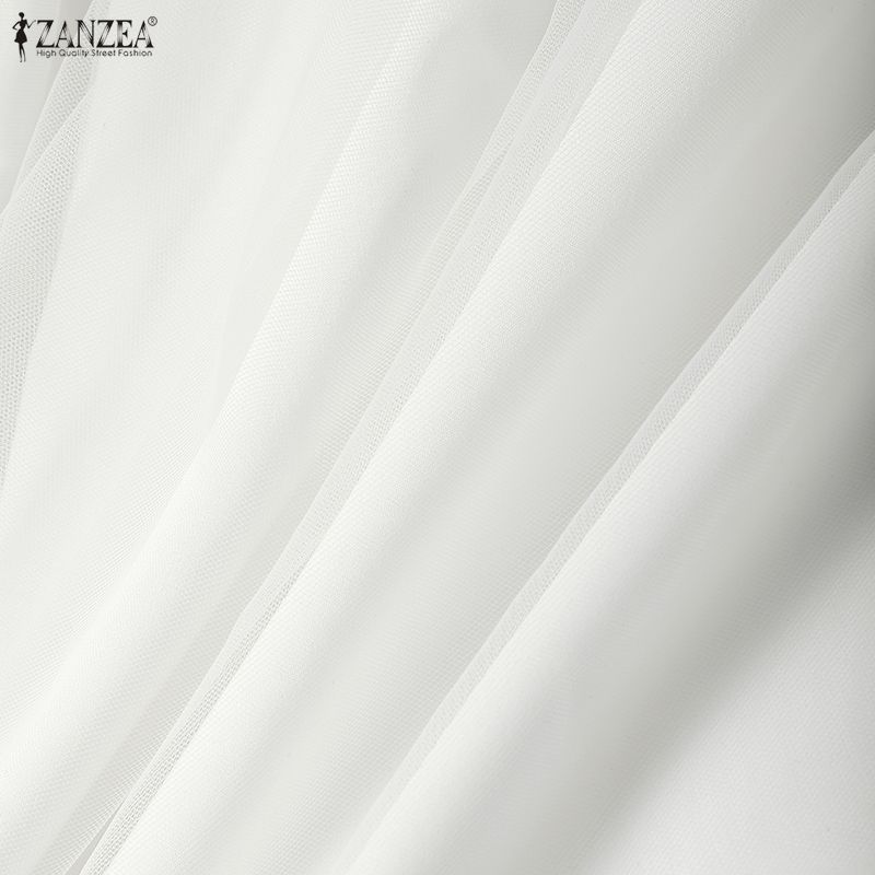 ZANZEA Women Casual Mesh Splice Loose V-neck Long Sleeve Dress