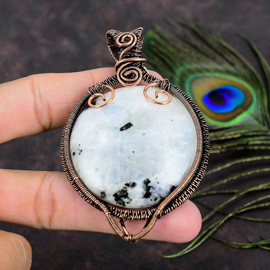 Regnbågsmånsten Handgjord Koppartrådsinlindad Smyckesberlock 3.47 K0V60