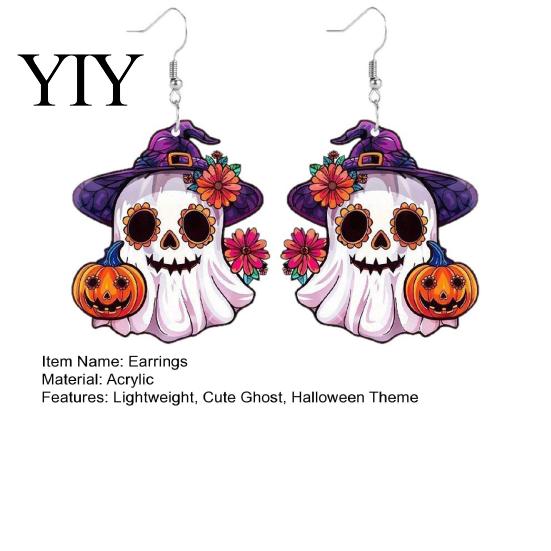 Cute Ghost Pumpkin Witch Hat Jewelry 1 Pair Mexico Day of The Dead Earrings for Women, Acrylic Holiday Party Costume Accessories Flower Dangle