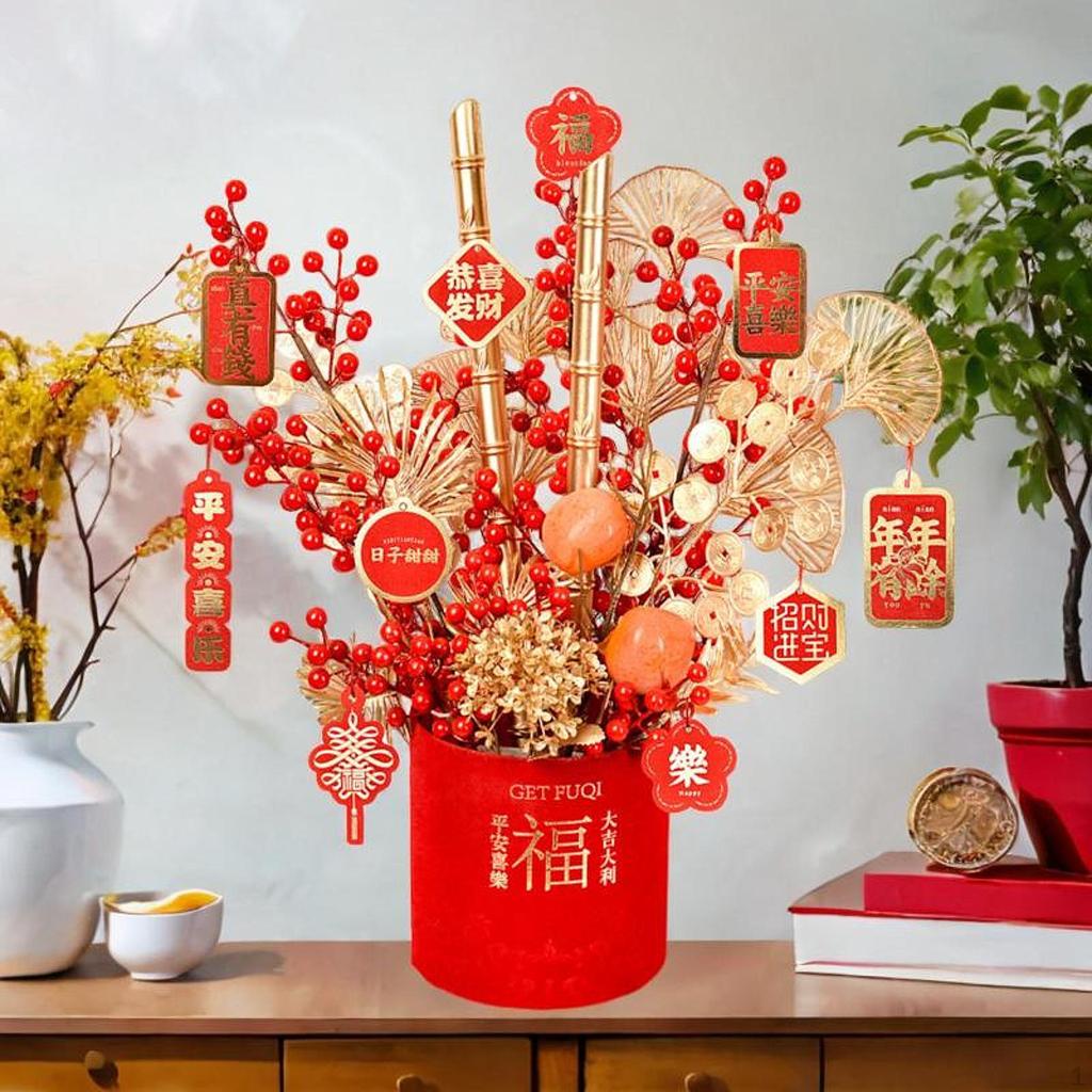 Chinese Lunar Year Decoration Artificial Potted Fake Flower Blessing Bucket Tabletop