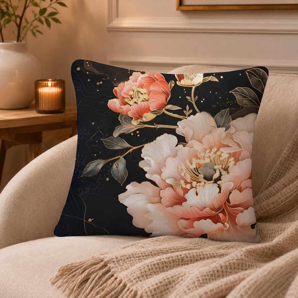 Peony Cushion Cover Anti-dustmite Pillowcase Invisible Zipper Silky Short Plush Sofa Cushion Cover