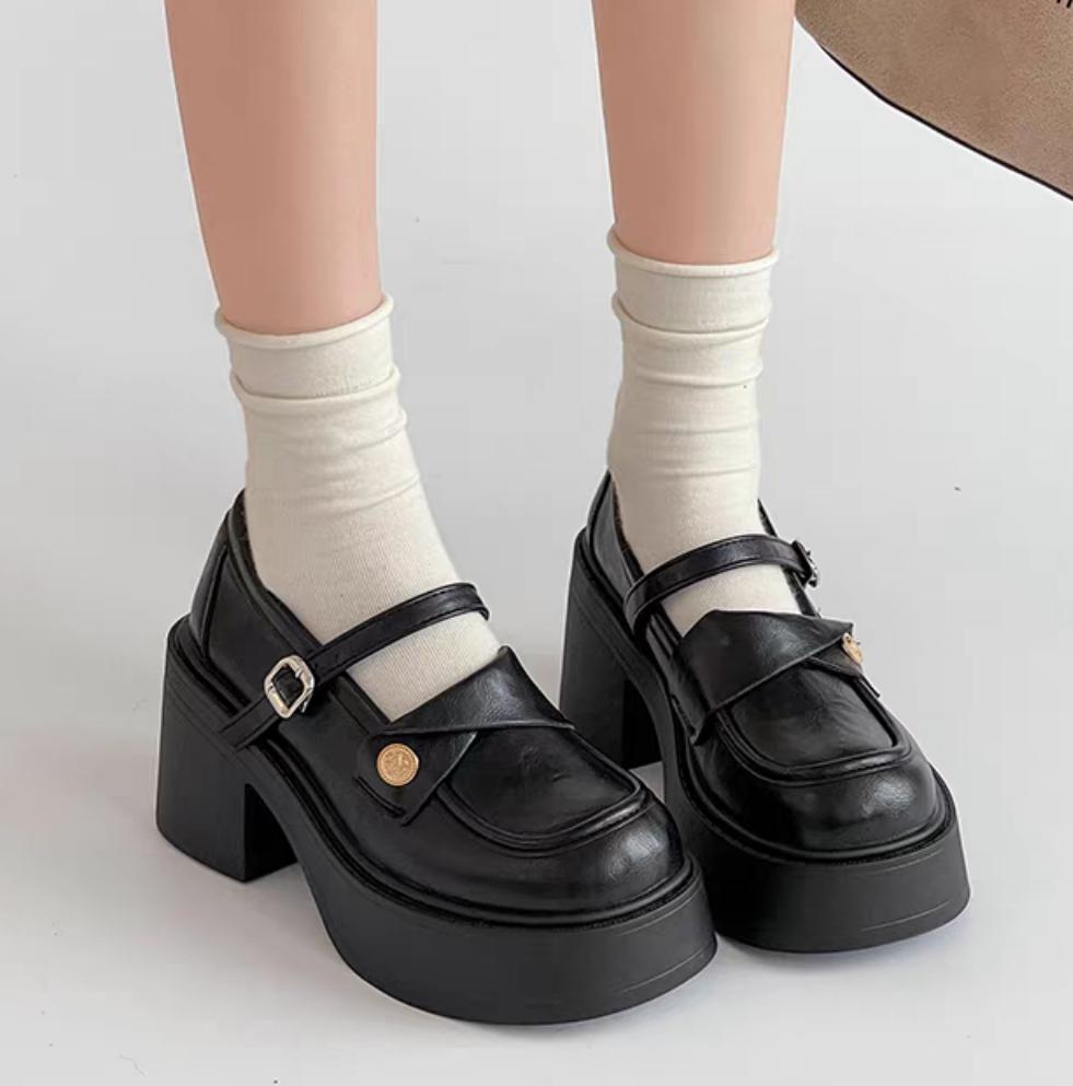 Women's Thick Bottom 8CM Heels Mary Jane Shoes Retro Preppy Style Leather Dumpy Uniforms Autumn JK Platform Shoes for Students